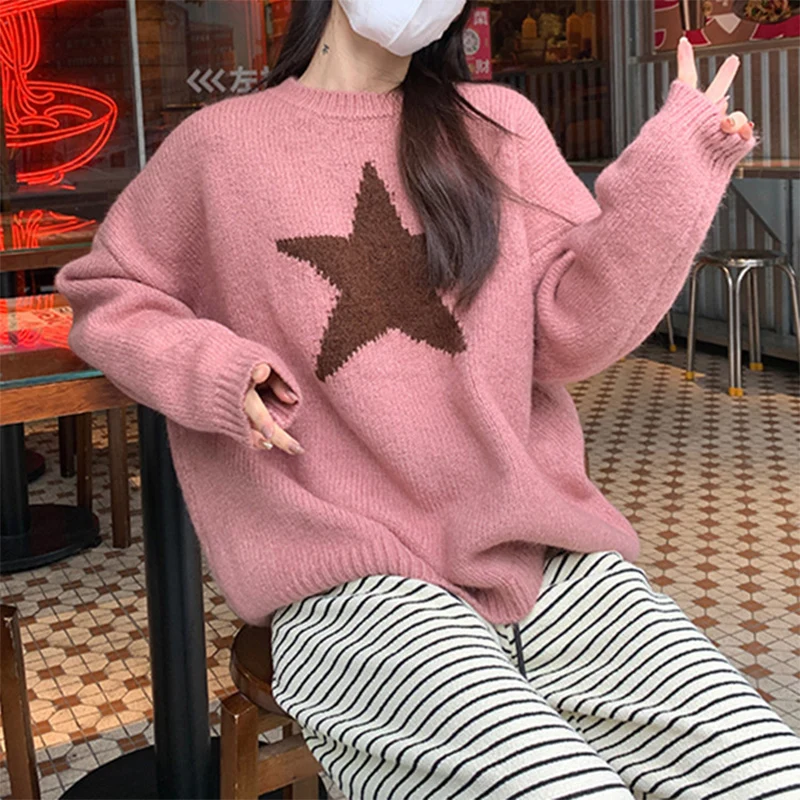 

Casual Star Pattern Sweater Women Chic Oversize Mix Color Knitted Sweater Woman Crew Neck Long Sleeve Comfortable Pullovers Lady