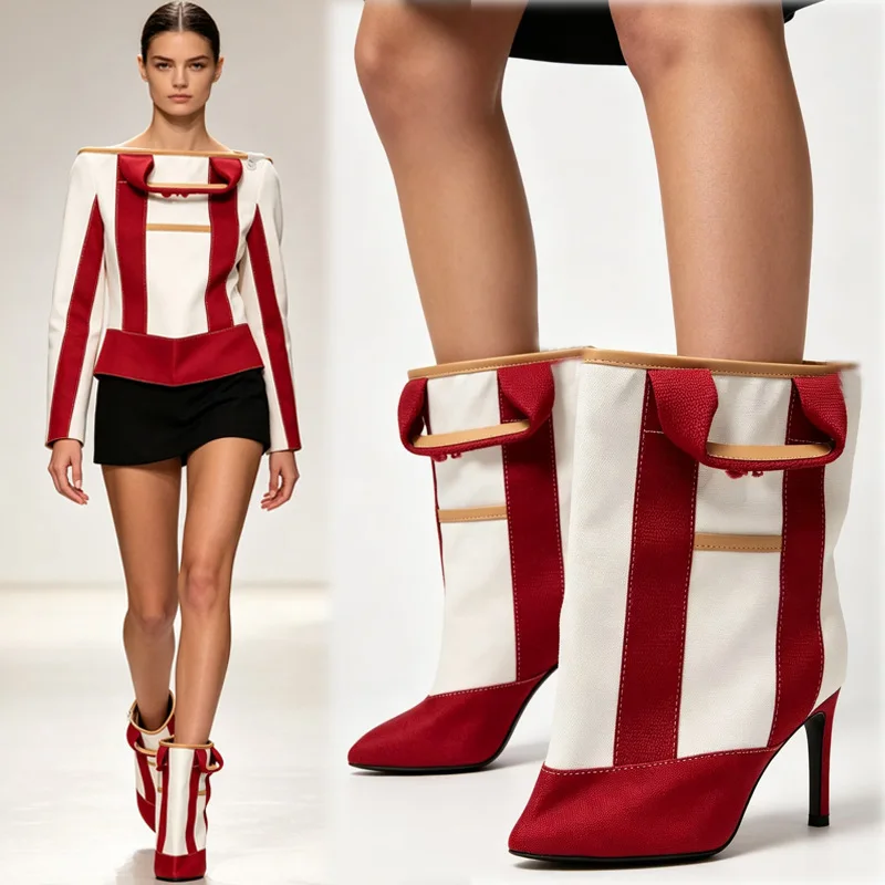 Women Red White Color Block Ankle Boots Pointed Toe Thin High Heel Boots Unique Handbag Shape Design Fashion Party Dress Heeled