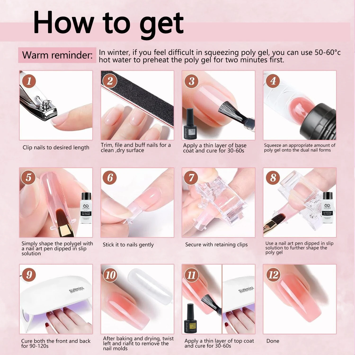 Poly-Gel-Verlängerungswerkzeug-Set, einschließlich 30 ml Reinigungsflüssigkeit, 7,5 ml Grundlack und Decklack, Nagelform, Nagelclip und Nagelbürste