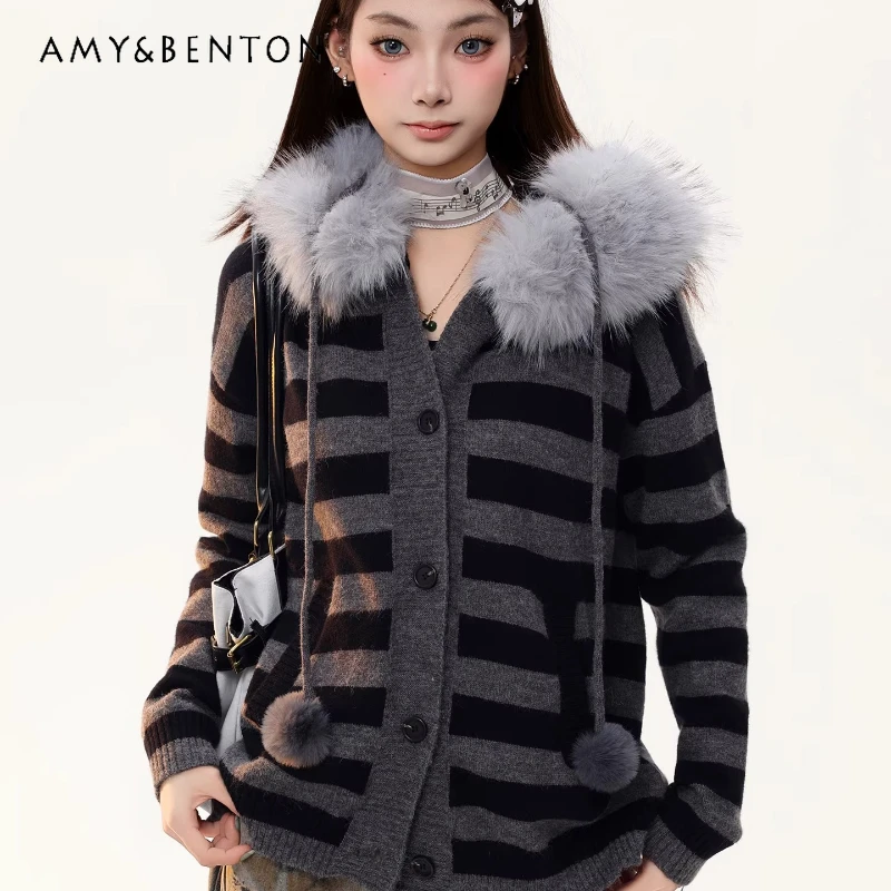 

Vintage Design Black Gray Furry Collar Splicing Hooded Women's Sweater Spring New Versatile Zipper Warm Knitted Cardigan Ladies