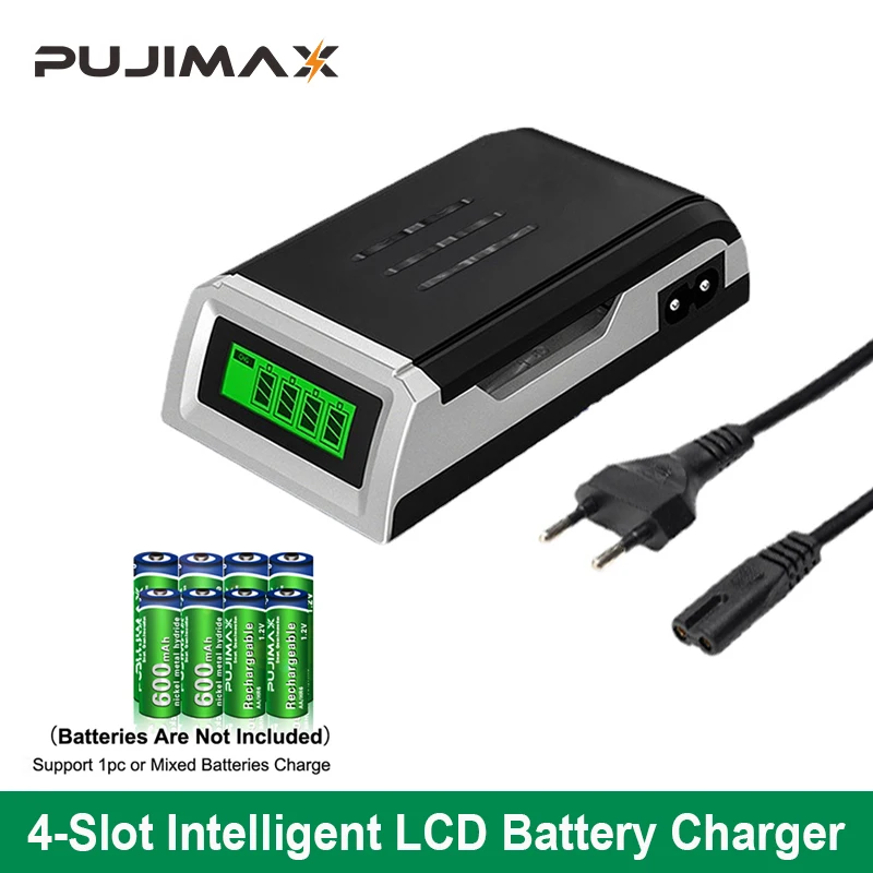 

PUJIMAX AA/AAA Smart Battery Charger EU US UK Plug With Charging Cable LCD Display For 1.2V NiMH NiCd Rechargeable Batteries
