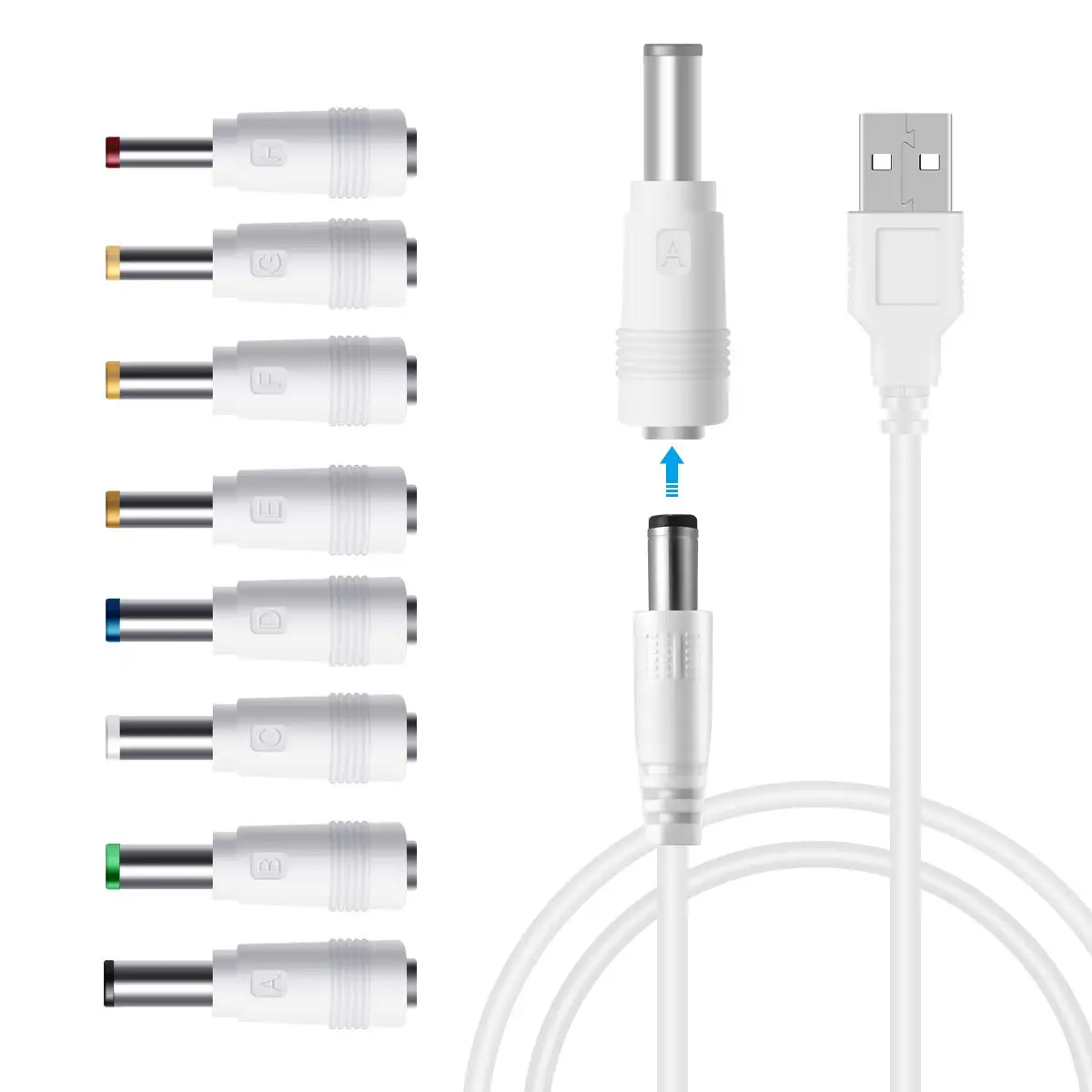 Kabel zasilający USB do DC, uniwersalny kabel 5V DC 8 w 1 kabel zasilający z 8 wymiennymi wtyczkami Adapter złącza