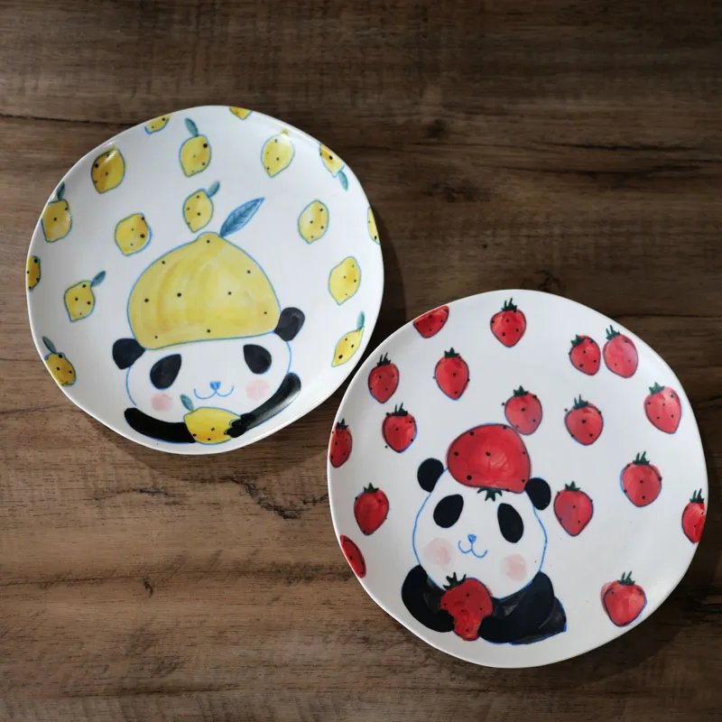 Hand-drawn Panda Strawberry Lemon Design 8-inch Dinner Plate/Dessert Fruit Dish