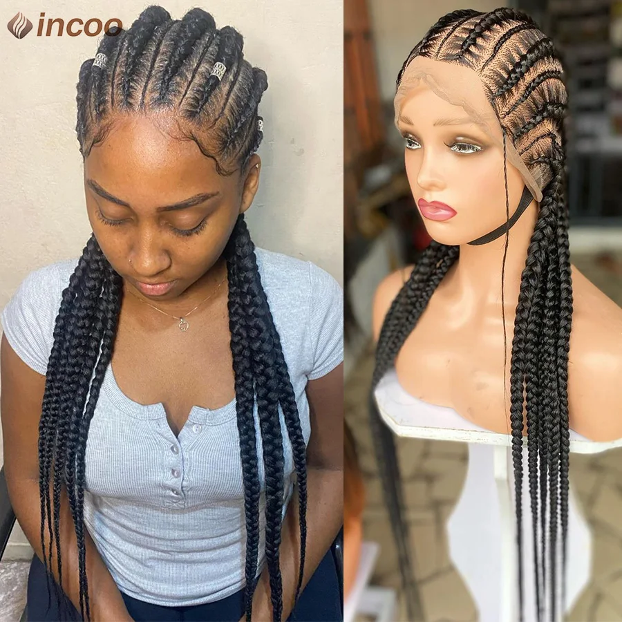 36Inches Synthetic Box Cornrow Braided Wigs Full Lace Front Wig Straight Braids Tribal Knotless Lace Braided Wig For Black Women