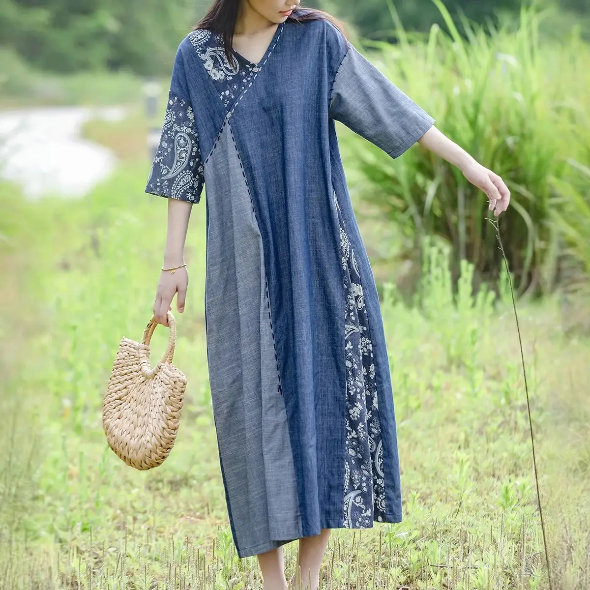 

LZJN Summer Retro Ethnic Patchwork Cotton Blue and White Round Neck Drop Shoulder Loose Distressed Long Maxi Dress
