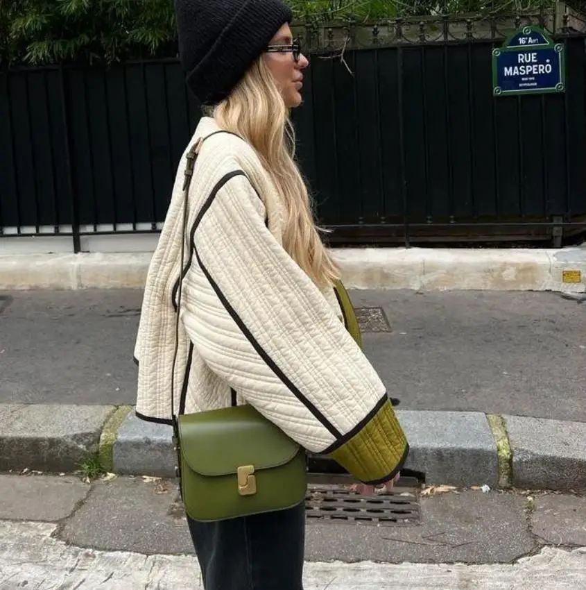 Damska elegancka kurtka z bawełny z kontrastowymi wstawkami, stójką, zapinana na jeden guzik, z kieszeniami, płaszcz na jesień i zimę, stylowa odzież wierzchnia.