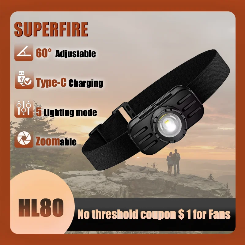 

SUPERFIRE HL80 High Bright LED Headlamp Zoom USB Rechargeable Head Flashlight for Outdoor Camping and Fishing Front Light Torch