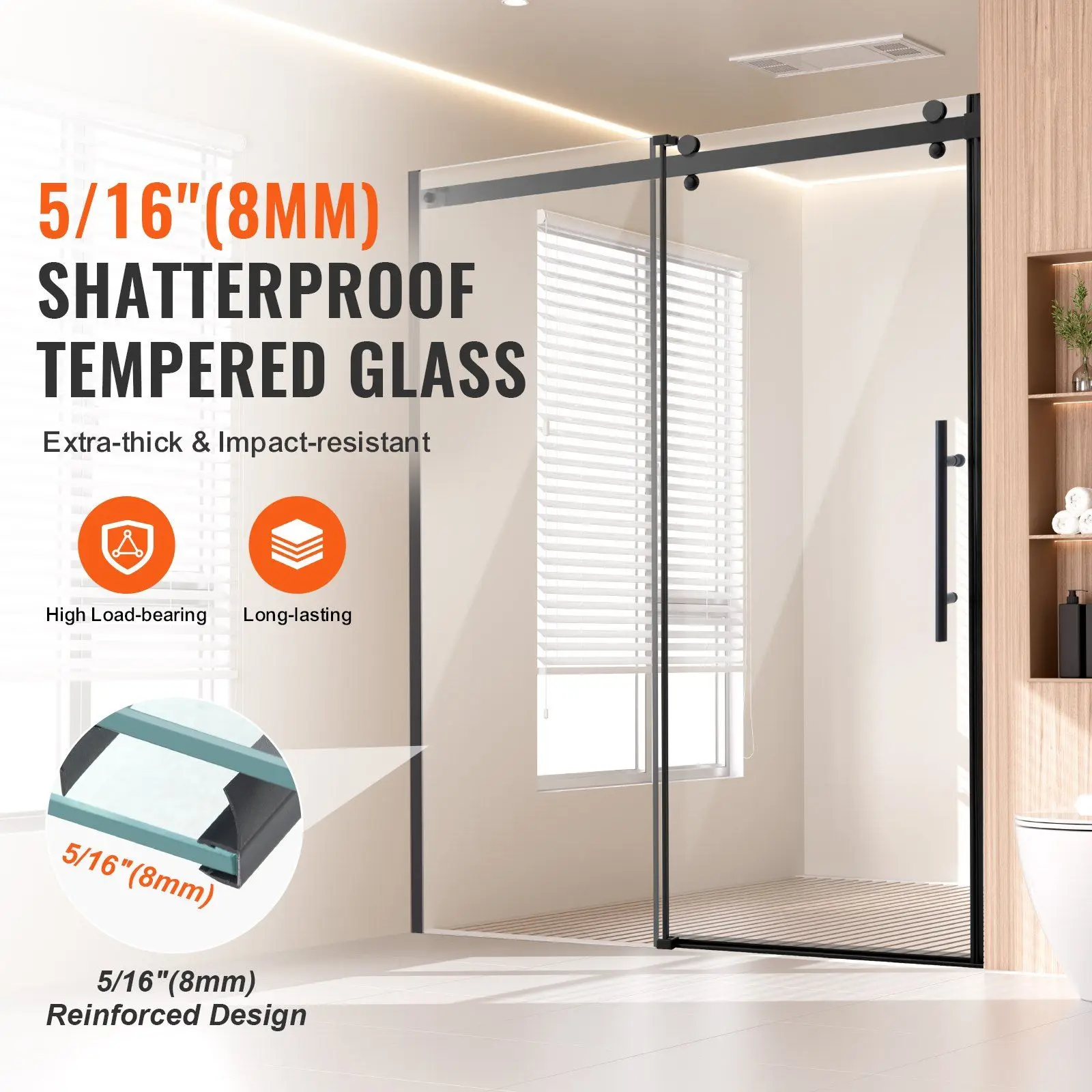 Frameless lens sliding shower glass door, transparent tempered glass waterproof