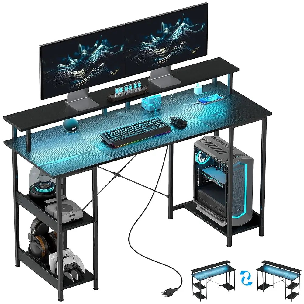 

55"" Gaming Desk With Power Outlets And Led Lights, Reversible Computer Desk With Monitor Stand And 2-Tier Storage Shelves,