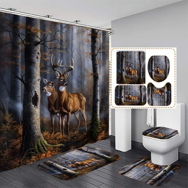 1/4pcs Deluxe Forest Deer Bathroom Accessories Set - Waterproof Shower Curtain, Non-Slip Bath Back, Toilet U-Shape Mat, Member C