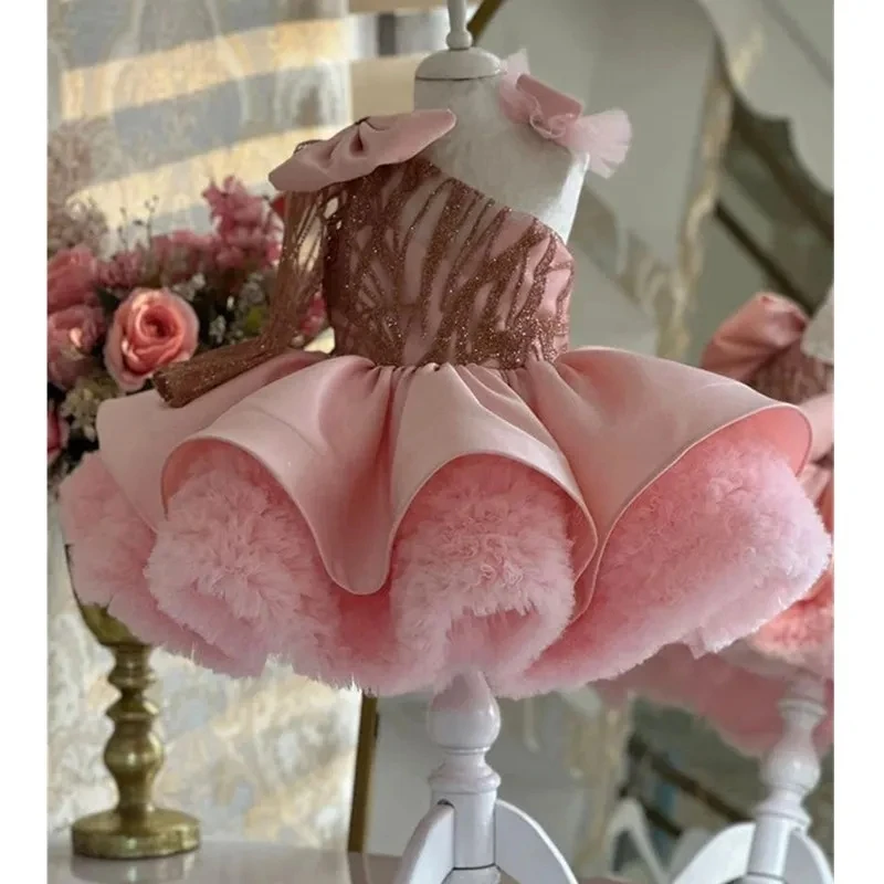 Vestido de fiesta de cumpleaños con lazo grande para niña, vestido brillante, vestido de fiesta de boda, vestido de flores abullonadas, vestido de bebé lindo, primer vestido, nuevo