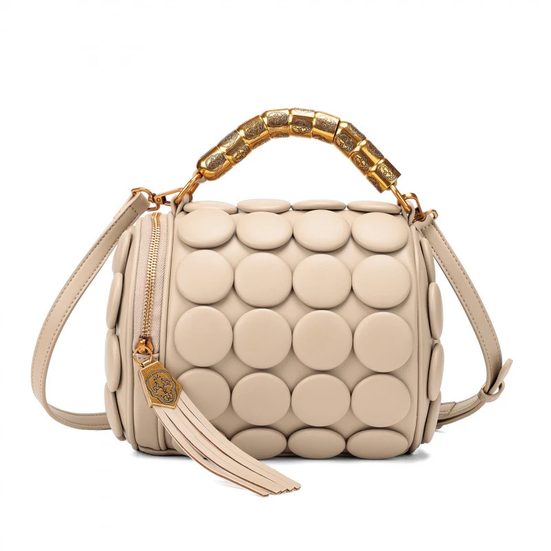 2026 Neues Design Damen Retro-Knopf-Lederhandtaschen Luxuriöse High-End Runde Röhrenförmige Bucket Bag Neue Mode Schulter-Umhängetasche – Detail 20