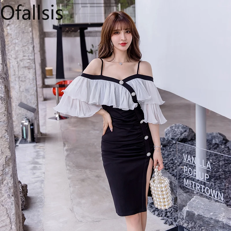 Ofallsis French Socialite Temperament Sexy One Shoulder Strap Ruffle Sleeve Dress 2024 Summer Waist Slim Fit Hip Wrap Dresses