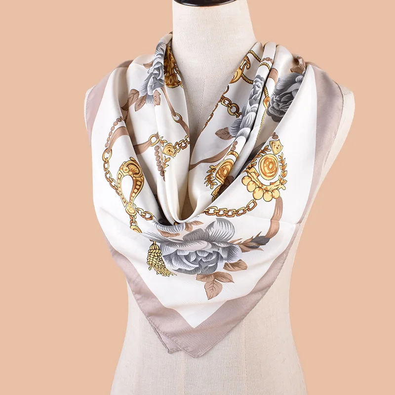 Heitou New 90CM Real Silk Chain Flower Printed Scarf Versatile Decoration Twill Silk Square Scarf Wrapped Shawl Hijab Pashmina