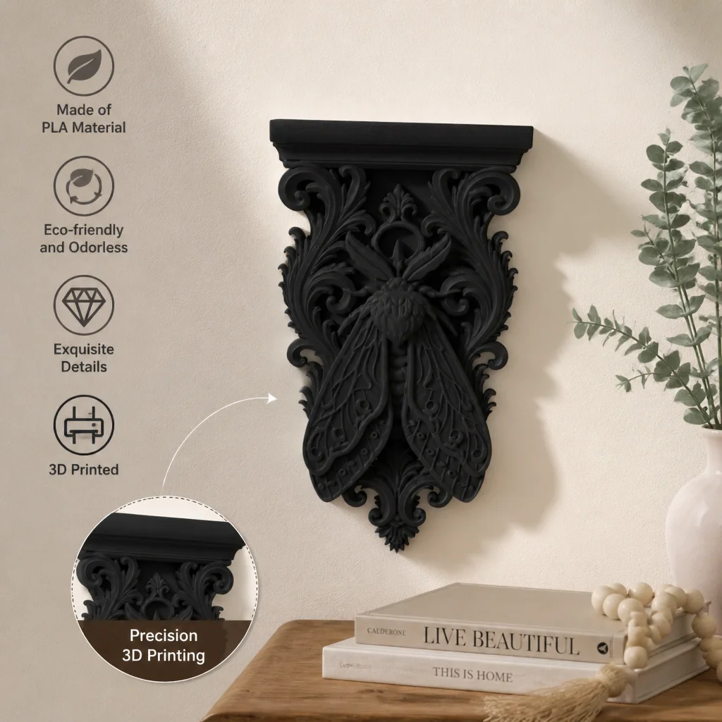 Gothic Death Moth Wall Bracket Shelf, Black PLA Plastic Ornate Baroque Corbel for Dark Academia Witchy Halloween Home Decor