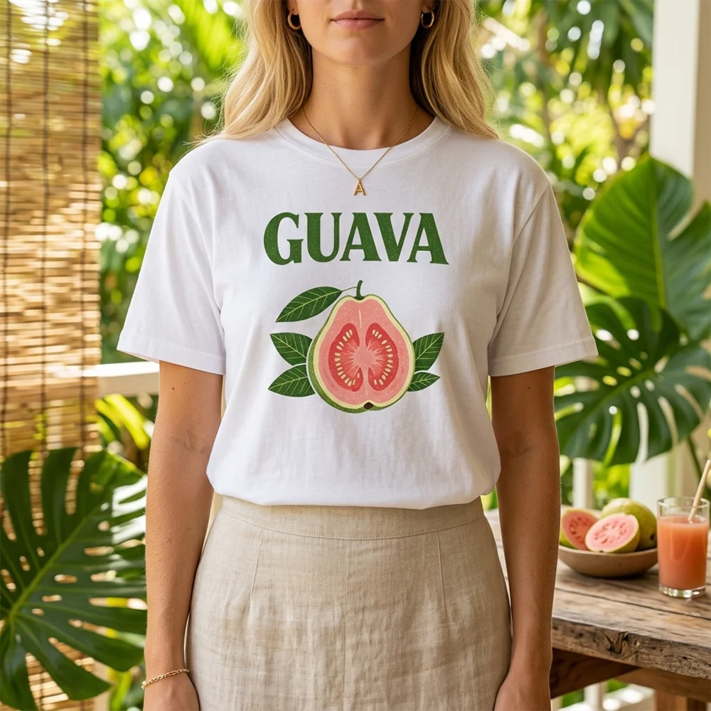 Women Guava Graphic T Shirt White Short Sleeve Fruit Print Casual Summer Crew Neck Tops Tropical Vacation Shirt