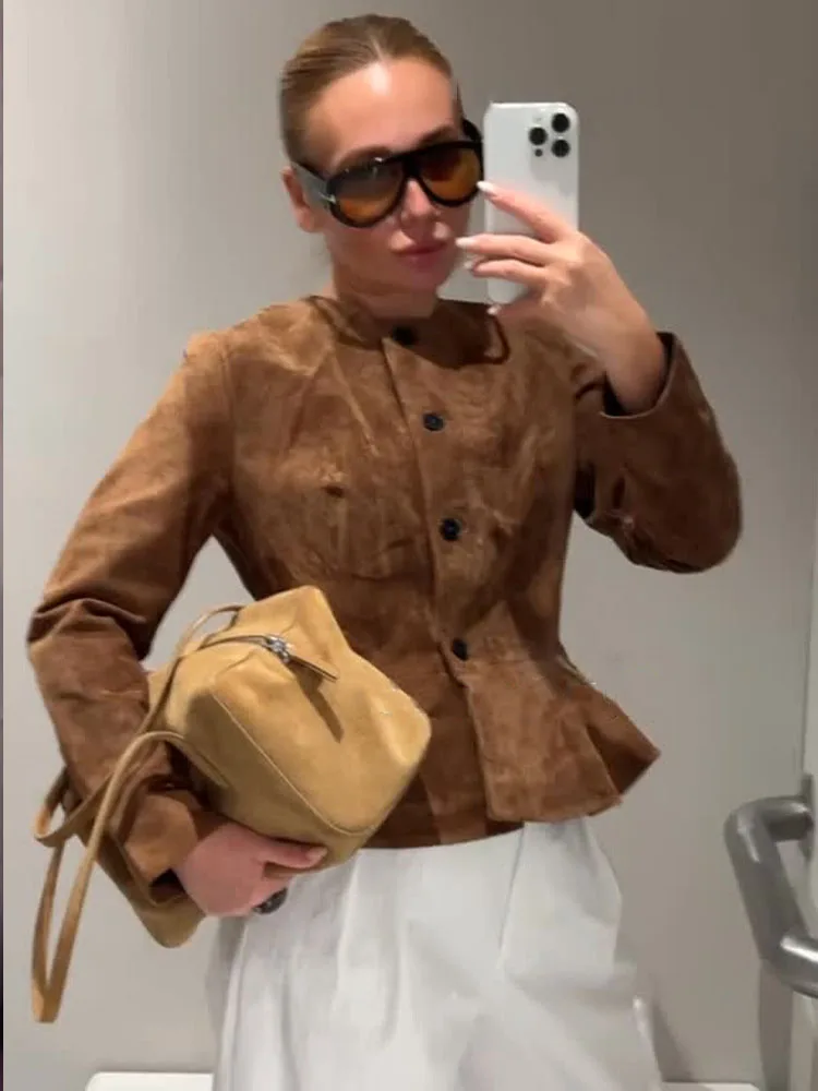 

HH Women Autumn Retro Round Neck Single Breasted Suede Loose Jacket Female Fashion Versatile High Street Casual Jacket Mujer