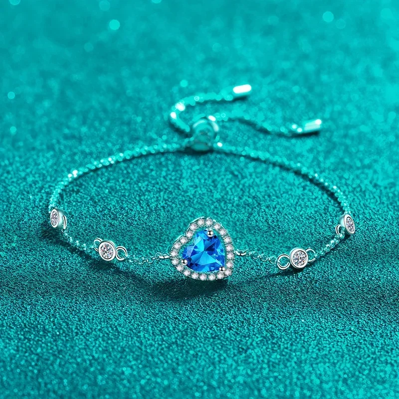 Luxury Platinum PT950 Bracelet for Women Treasure 1ct Blue Moissanite Diamond Love Bracelet Small Fresh Girlfriends Hand Jewelry