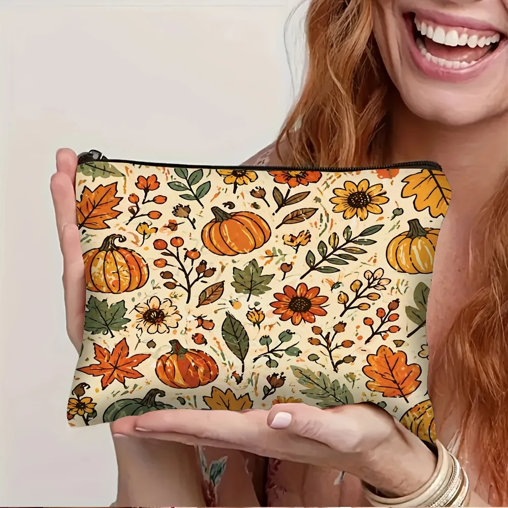 Fall Pumpkin Sunflower Maple Leaf Print Makeup Bag Cosmetic Pouch Portable Travel Toiletry Bag Autumn Thanksgiving Gift Women
