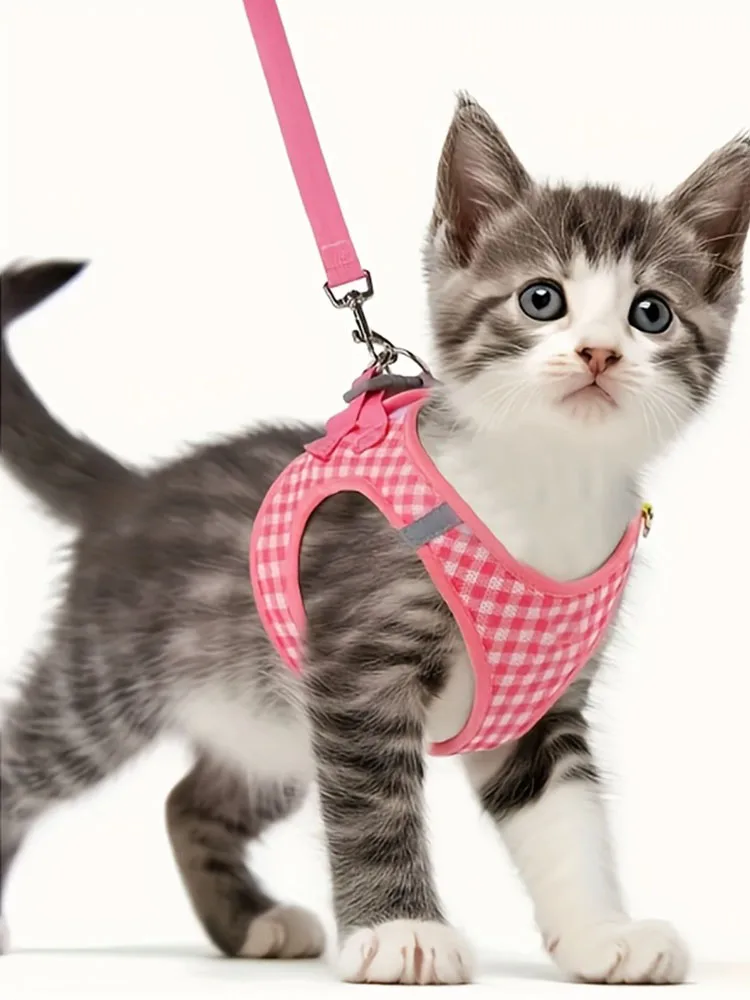 Conjunto para gatos, tela transpirable con patrón a cuadros, accesorios de metal duraderos con tiras reflectantes, lavable, fibra de poliéster, adecuado para la mayoría de los gatos, suministros para mascotas, accesorios para gatos, collar, correa