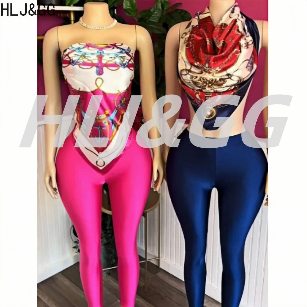 HLJ&GG Sexy Vintage Pattern Print Scarf  Two Piece Sets Women Off Shoulder Backless Crop Top And Skinny Pants Outfits Streetwear
