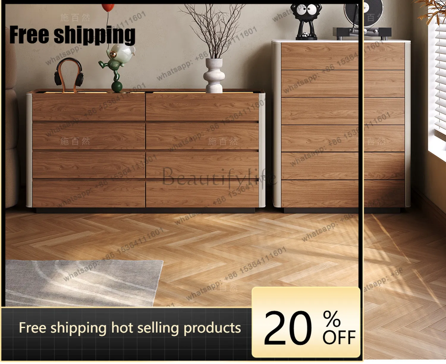 New bedroom eight-drawer chest solid wood display wall-mounted storage cabinet with floor-standing drawers