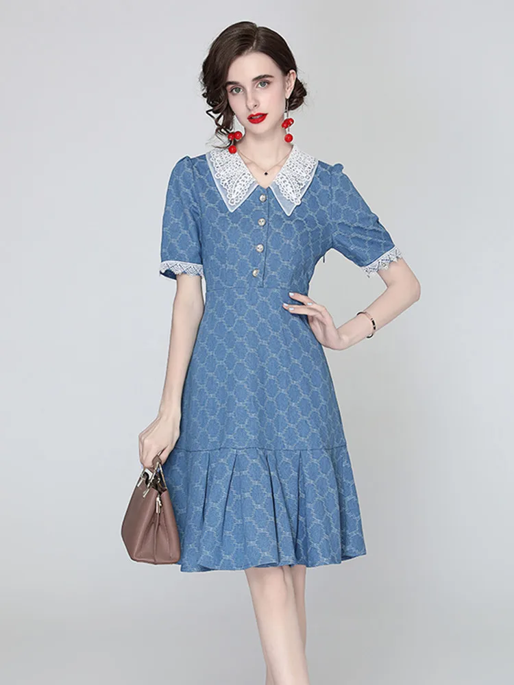 

2025 Summer New Fashion Plaid Print Lace Splice Jacquard Denim Dresses Women's Sweet Lace Peter Pan Collar Slim Short Dress