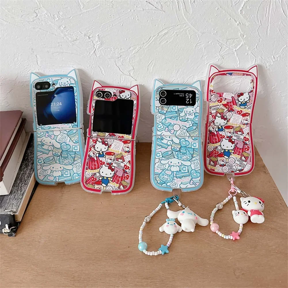 Cartoon Cute Hellokitty with Lanyard 3D Ear Cat Phone Case for Samsung Galaxy Z Flip 3 4 Z Flip 5 6 5G PC  Anti-drop Back Cover