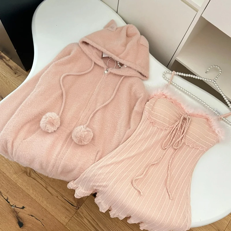 Conjunto de 2 piezas japonés para mujer, suéter con capucha de punto de manga larga a la moda + vestido, ropa Popular coreana Kawaii Vintage