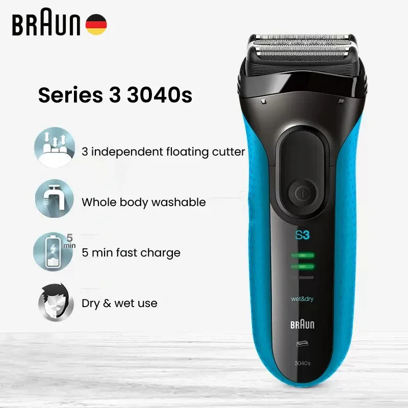 Braun Electric Shaver 3040s S3 Series Reciprocating Shaving Machine with Sideburn Trimmer Rechargeable Dry Wet Use Men's Razor