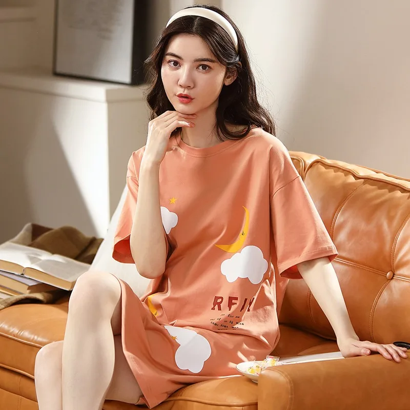 Casual Night Dress Women's Sleepwear Pijama Female Cartoon Nightdress Homewear Cotton Nightgowns Short-Sleeved XXXL Sleepshirts