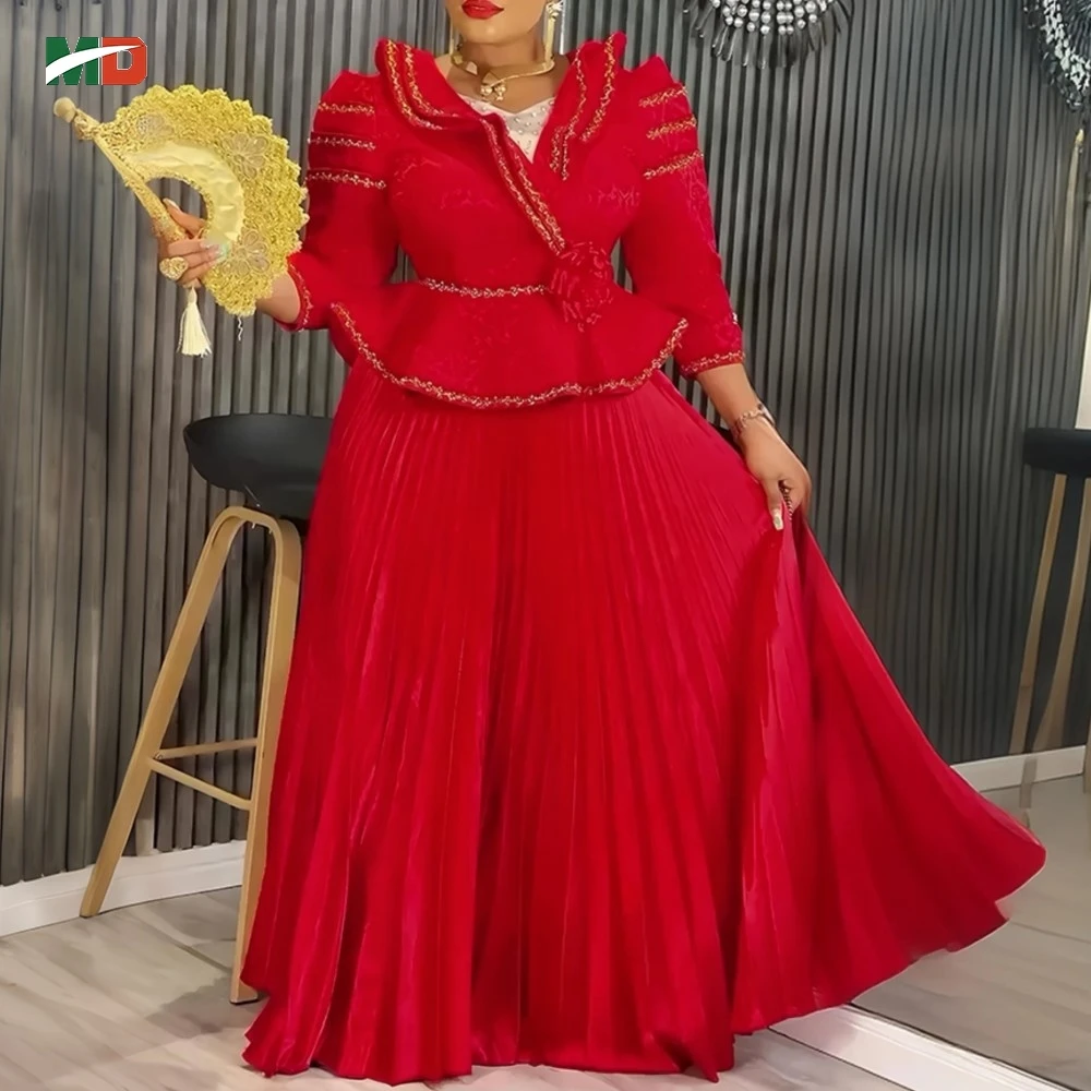 MD فساتين الأفريقية للمرأة حجم كبير 2 قطعة موضة Dashiki أنقرة حفل زفاف ثوب مسائي أنيق تركيا مطوي فستان ماكسي #2