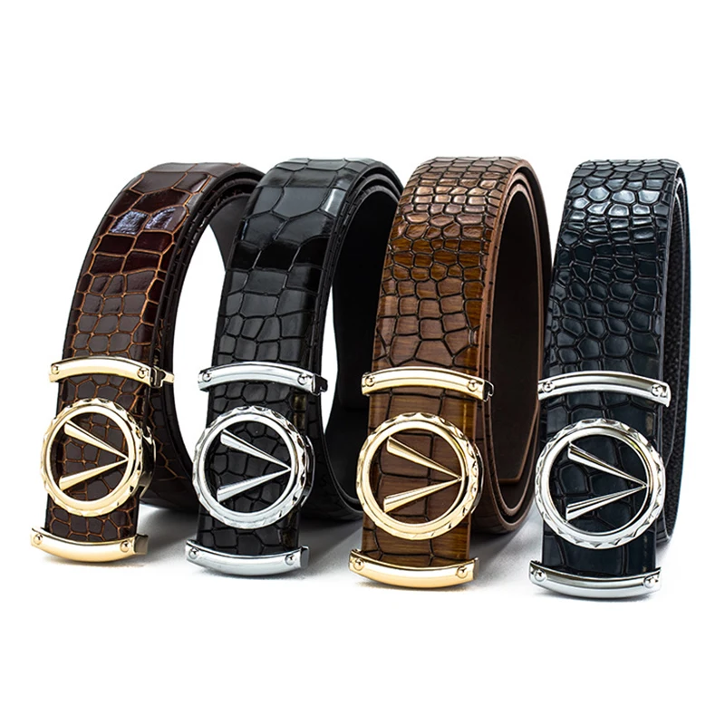 Crocodile Pattern Band Belt Men Circle V Buckle Luxury Looking Gentlemen Waist Ornament 3.5 CM Wide Suit