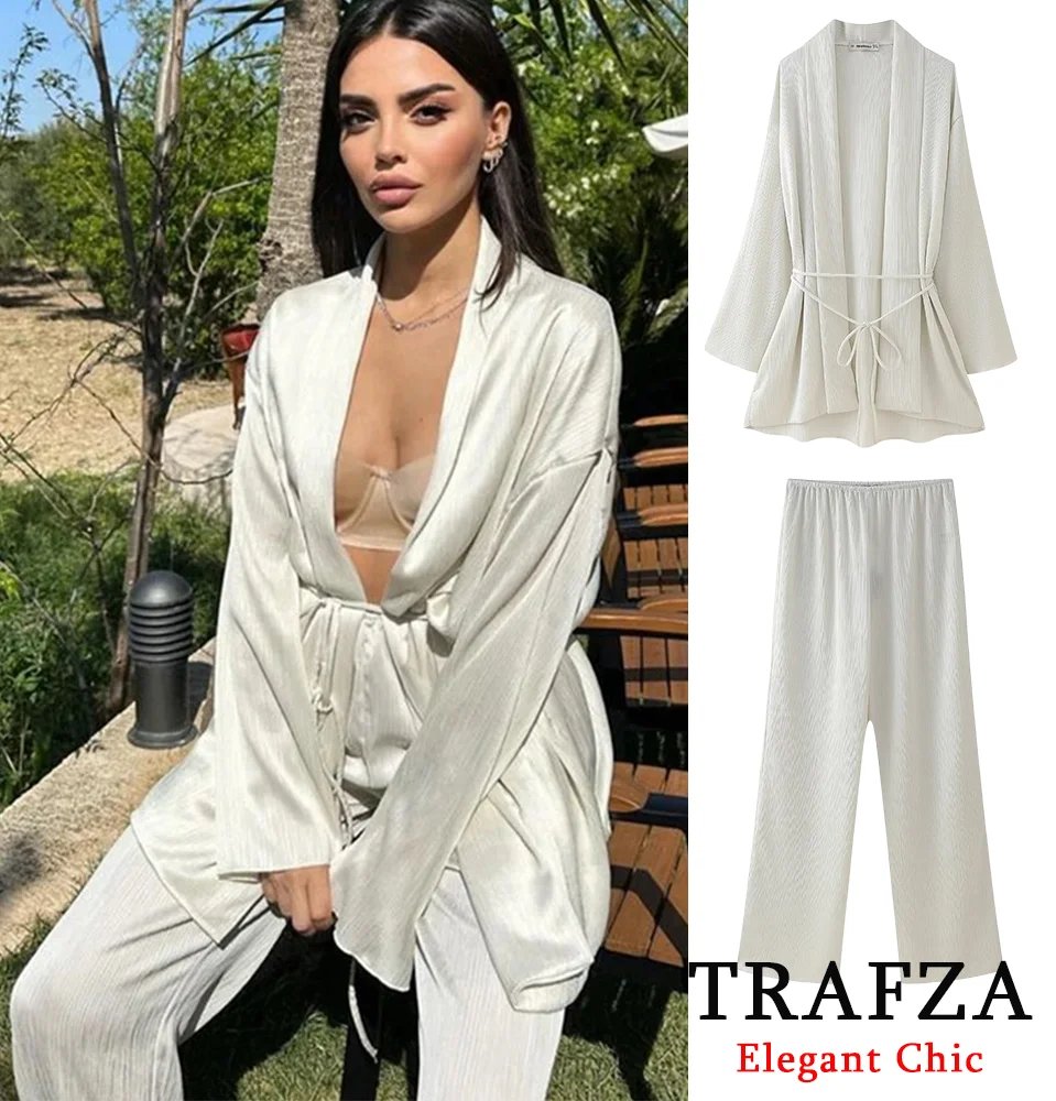 TRAFZA Luxury Casual Waist Tie Pleated Long Coat Set New 2024 Spring Fasion Vacation Kimono Pant Set Lapel Coat and Pant