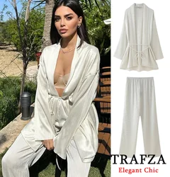 TRAFZA Luxury Casual Waist Tie Pleated Long Coat Set New 2024 Spring Fasion Vacation Kimono Pant Set Lapel Coat and Pant