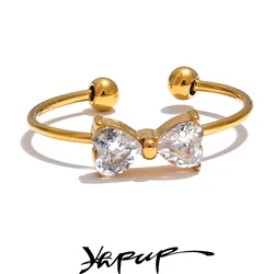 Yhpup Delicate Shiny Cubic Zirconia Bowknot Bow Open Finger Ring Stainless Steel Sweet Daily Trendy Jewelry Accessories