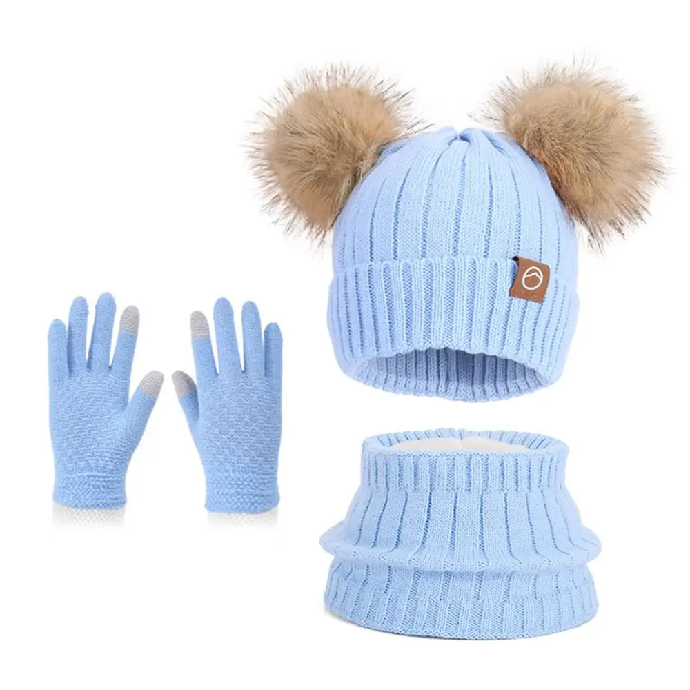 

Fashion Warm Winter Hat Scarf Gloves Set Windproof Thicken Pompom Knitted Hats Soft Toddler Bonnet