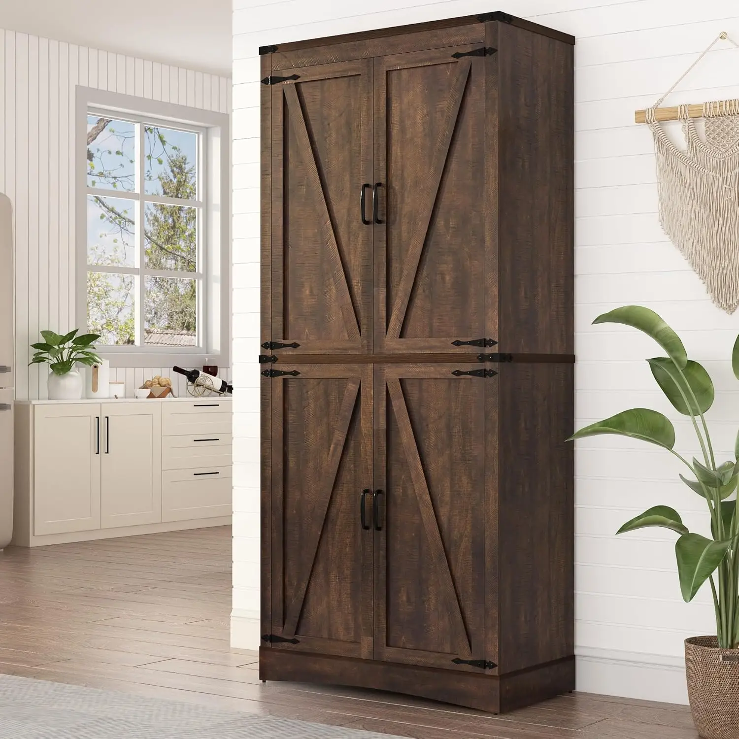 71in Farmhouse Kitchen Pantry Cabinet,Tall Storage Cabinet with 4 Doors and Adjustable shelves,with Load-Bearing Steel Pipe,Wood