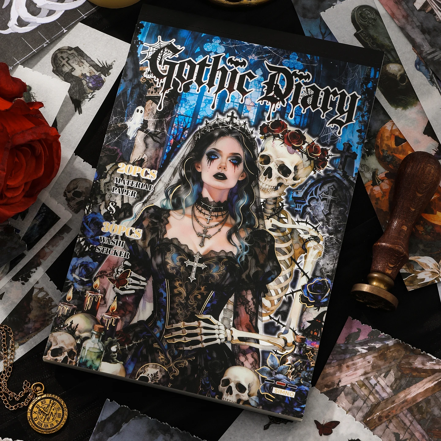 50Pcs Gothic Diary Washi Paper Sticker Book, Skull Dark Vintage Halloween Pattern Decals for Junk Journal Collage