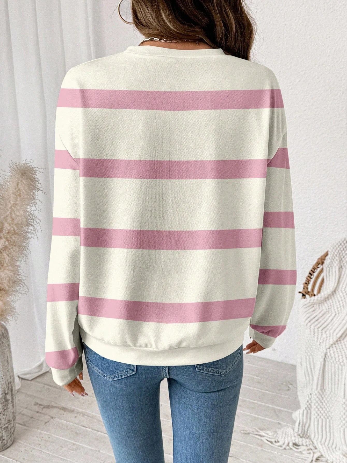 عارضة الحد الأدنى المطبوعة نمط طاقم الرقبة فضفاض البلوز الأزرق والأبيض سويتر مقلم كم طويل للجنسين الملابس قمم