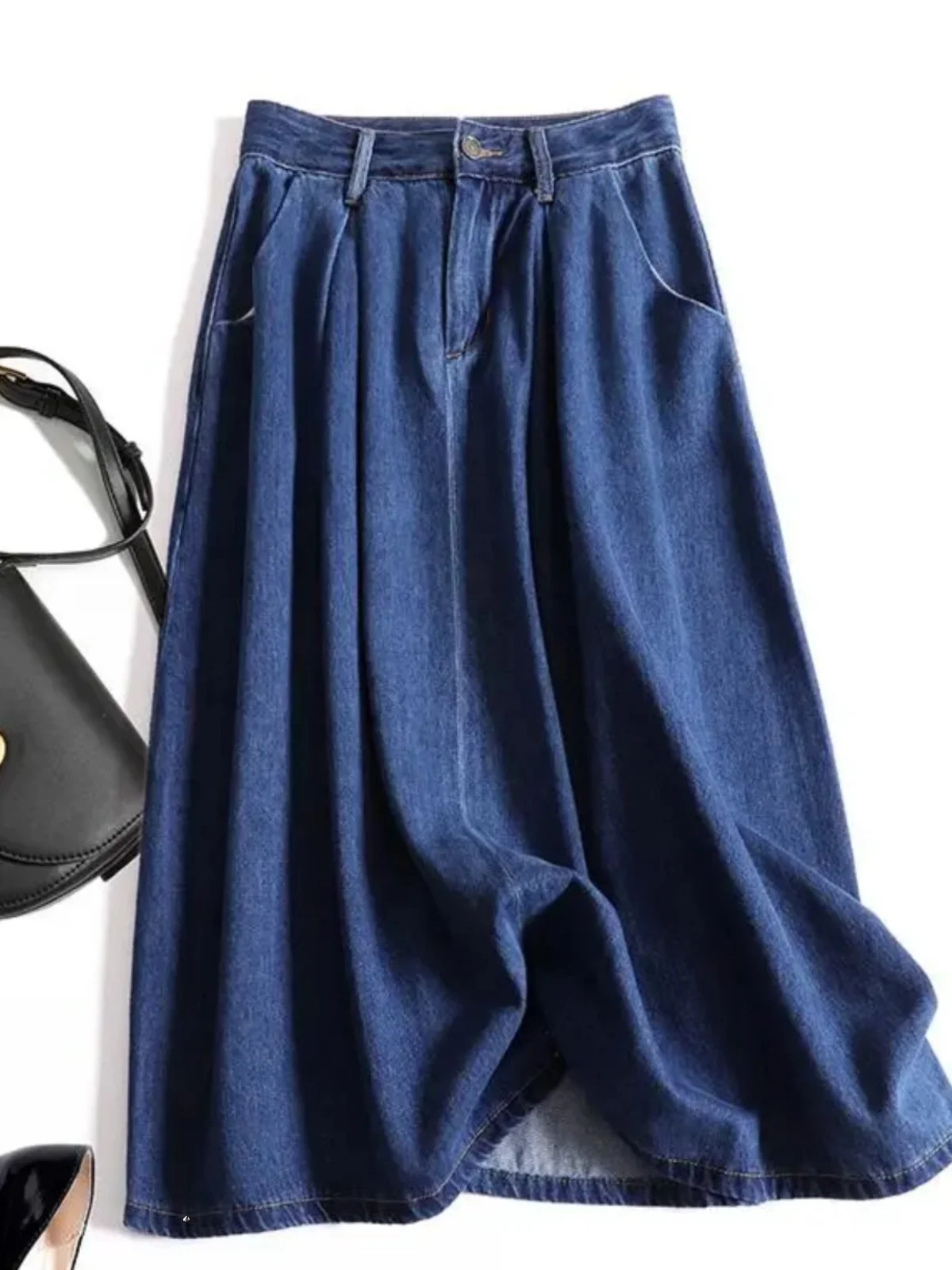 

Свободная джинсовая юбка трапециевидной формы с высокой талией, утягивающая корейская юбка больших размеров, женская модная осенняя хлопковая длинная юбка