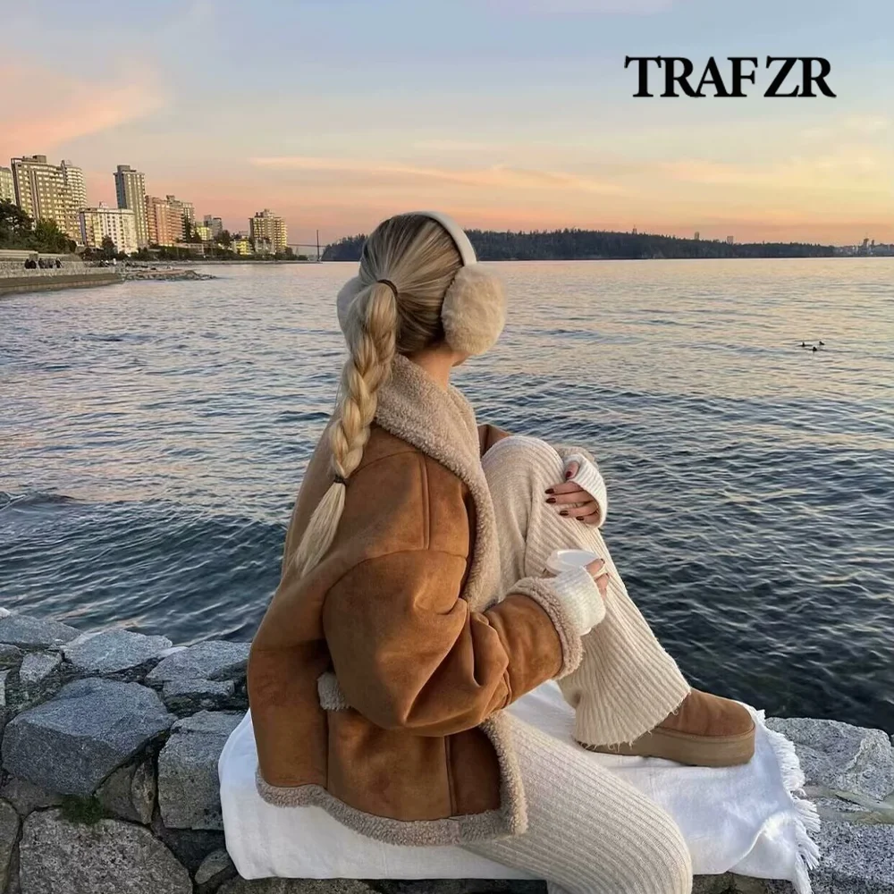 TRAF ZR HighStreet Faux Sheepskin Jacket Long Sleeve Flared Cuff Artifical Fur Coat Lapeled Single Breasted Winter Outerwear