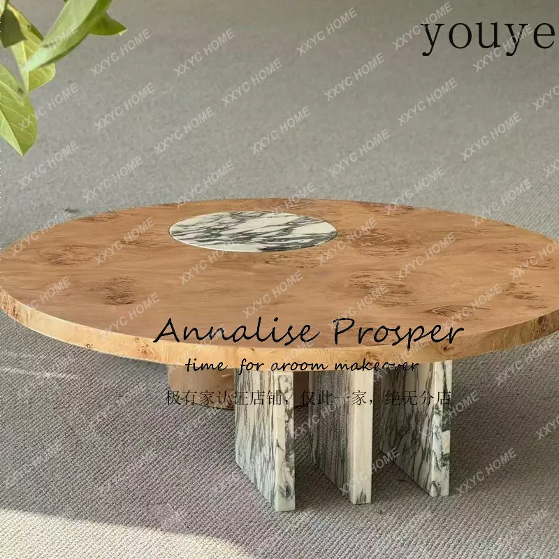 Used solid wood coffee table, light luxury marble burl, round designer style, modern parquet tea table, home use