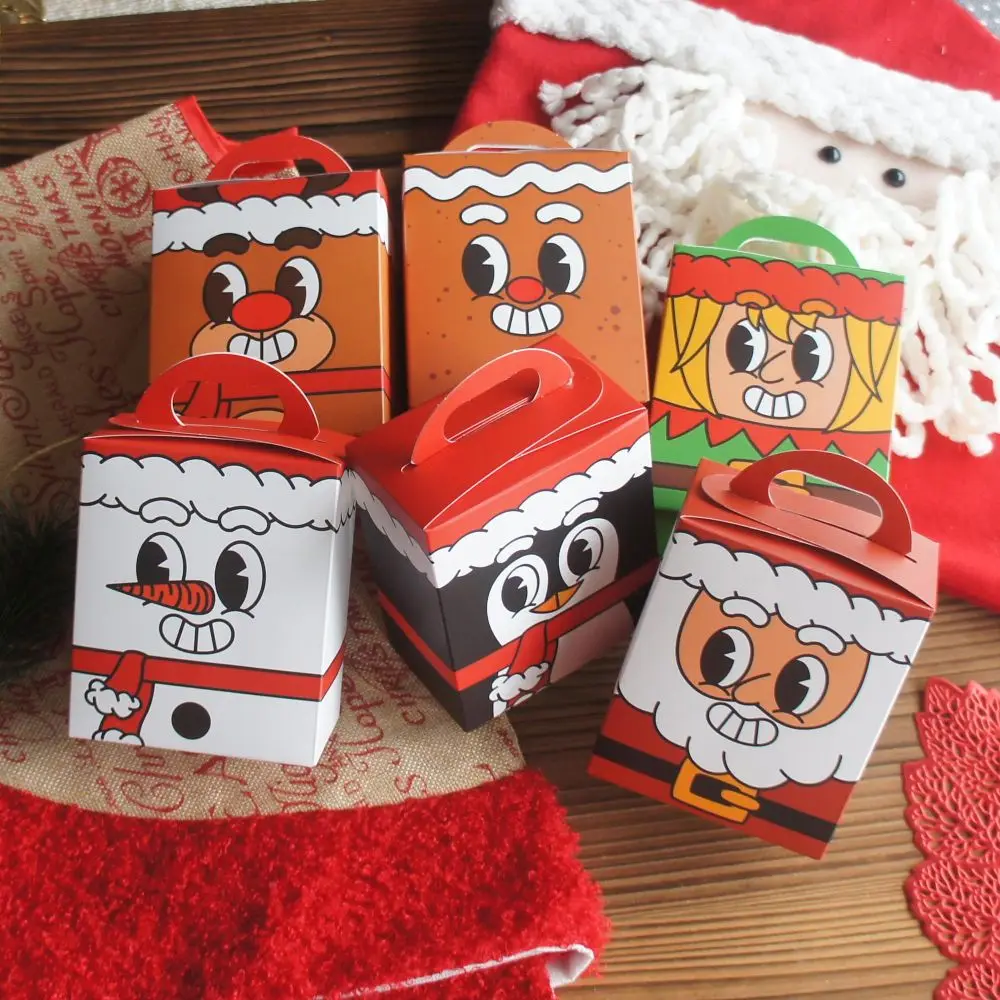 

12pcs Christmas Smiling Santa Snowman Paper Box with Handle Chocolate Cookie Candy Little Gift Packaging Favors Decor
