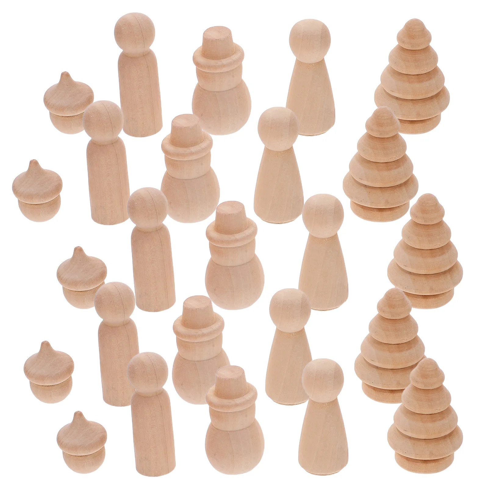 30Pcs Unfinished Wooden Peg Snowman Tree Pine Cone Shapes Natural DIY Holiday Craft Set for Family Bonding Christmas