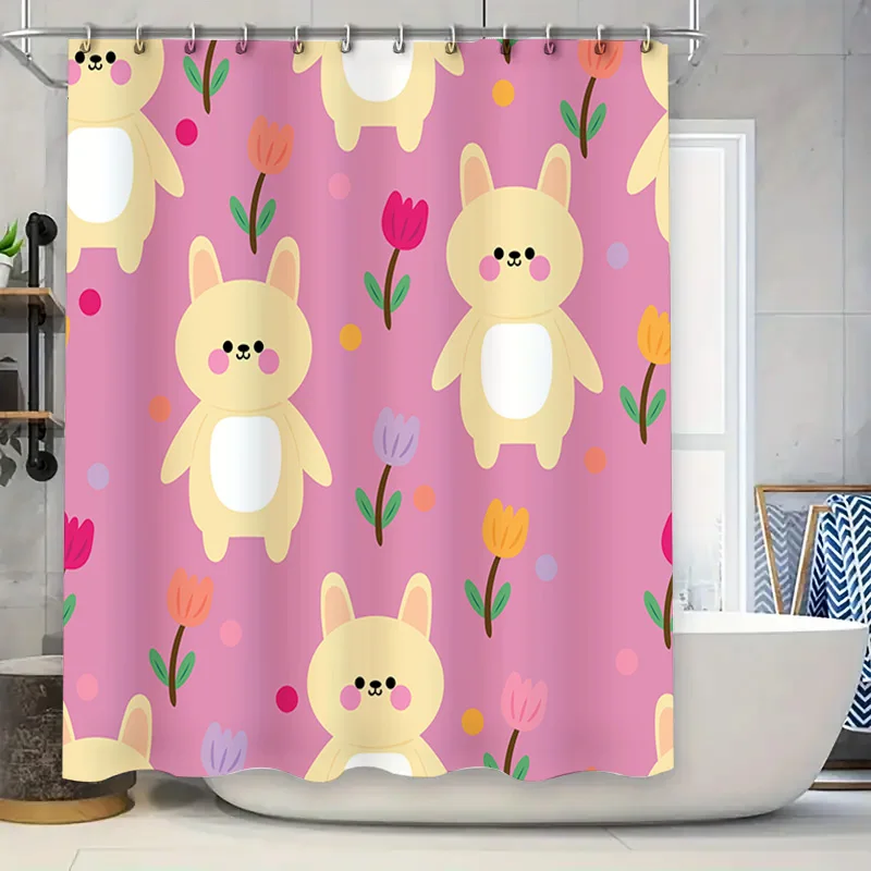 

Animal Floral Shower Curtain Yellow Bunny Pink Fabric Waterproof Decorative Bathroom Liner for Kids Room
