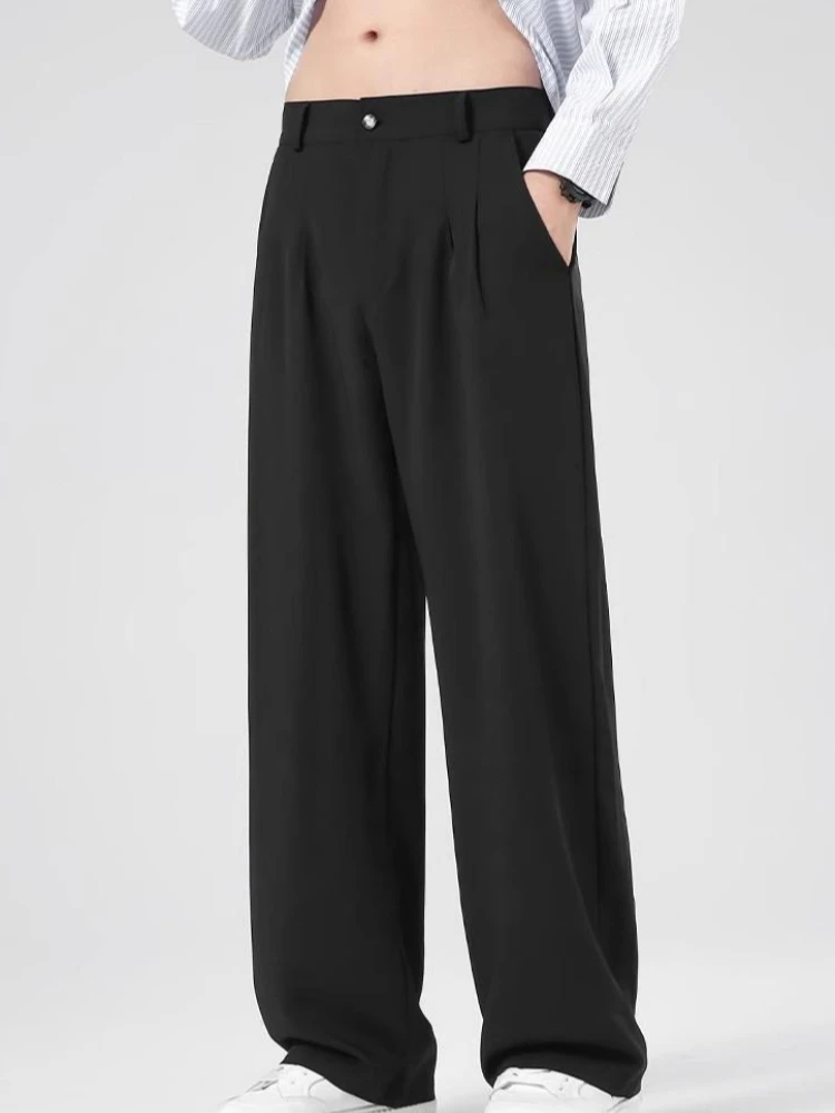 Men's Spring Autumn Wrinkle Free Draped Casual Trousers Minimalist Loose Fit Wide Leg Black Pants Plus Size Versatile
