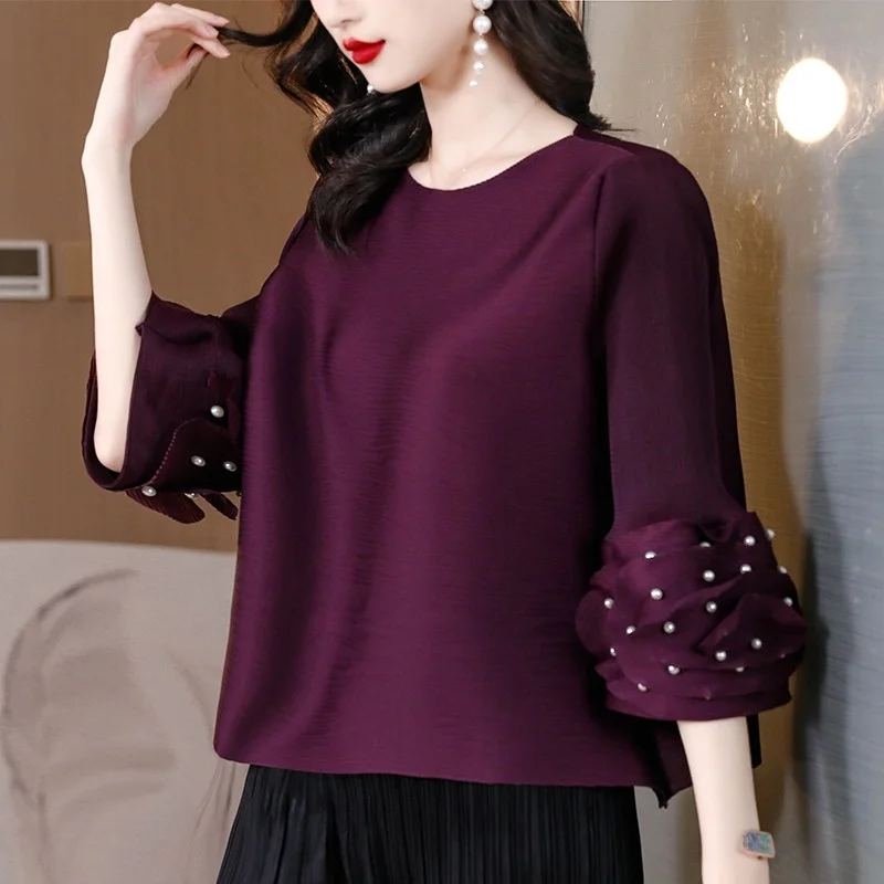ハイエンドプリーツフレアスリーブラウンドネックルーズファッションTシャツレディースビーズカジュアルトップポリエステル春夏新作