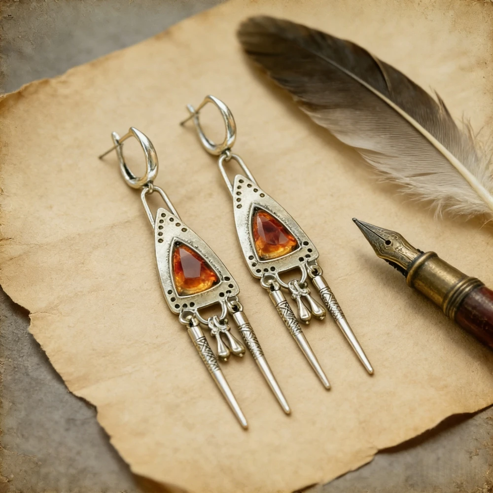 Triangle Dangle Earrings For Women Vintage Tribe Ethnic Handmade Tassel Inlay Amber Stone Eardrop Earring Female Wedding Jewelry