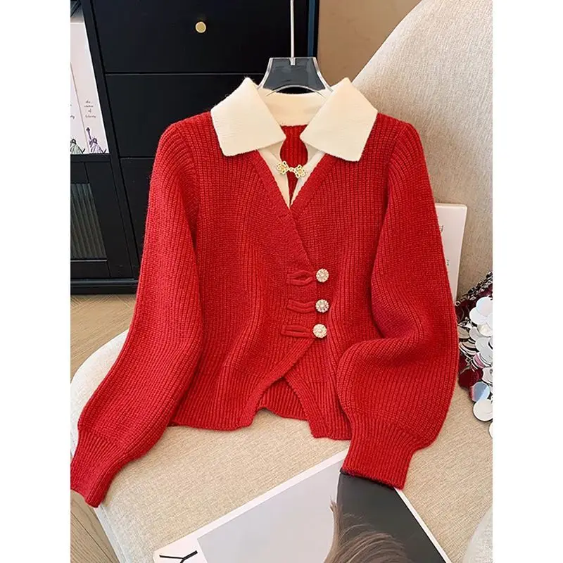 

Autumn Winter Women's Patchwork Fake Two Piece Sweater Chinese Style Vintage Graceful Polo Collar Knitted Coats Lady Red Tops